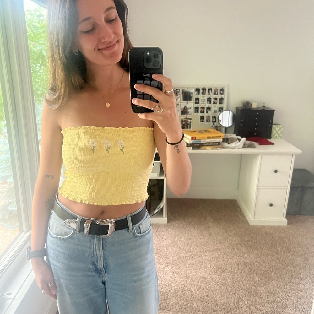 Yellow Ribbed Tube Top with Embroidered Flowers